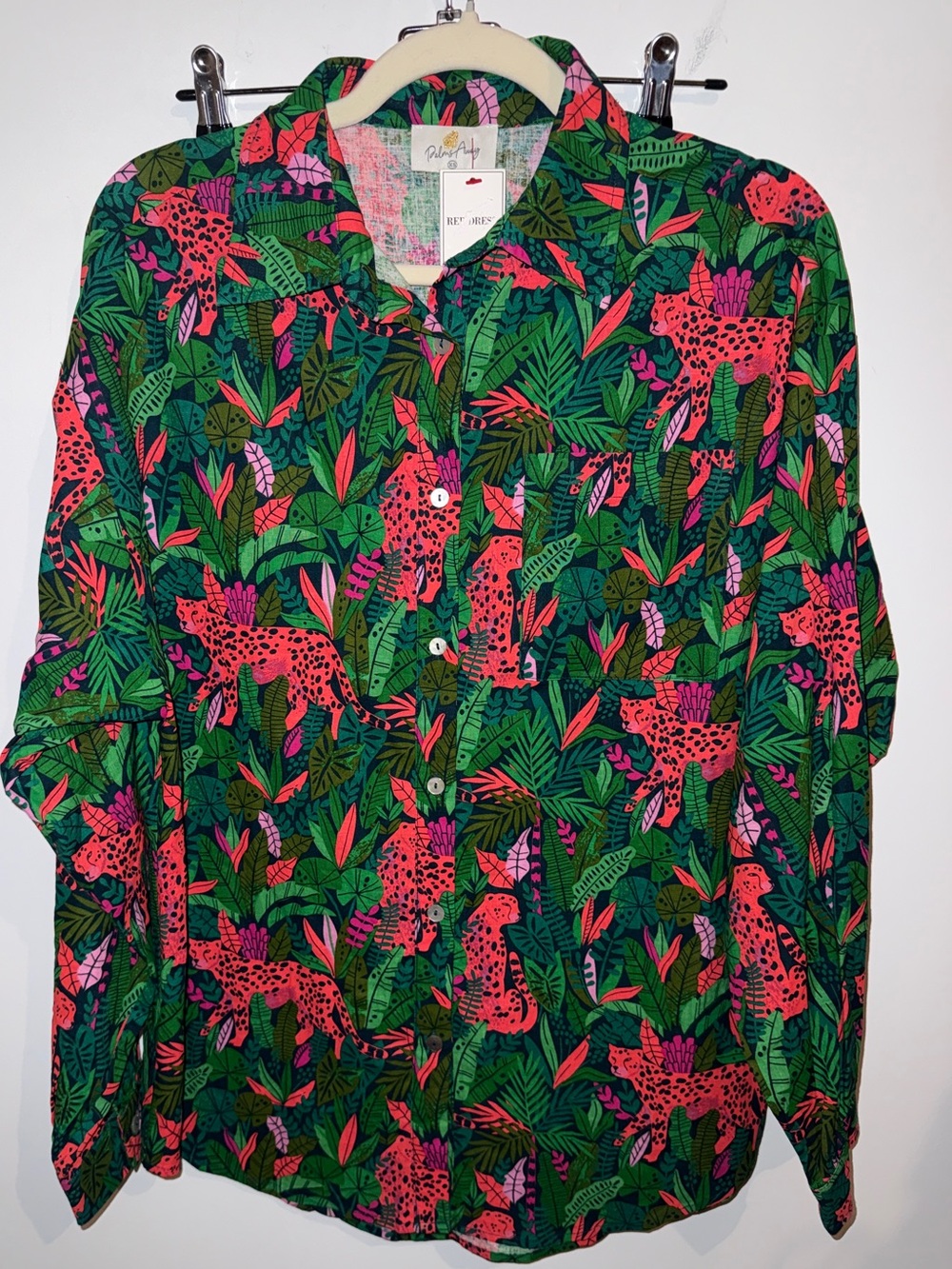 Palms Away Women’s Vibrant Green & Pink Jungle Print Button-Up Shirt